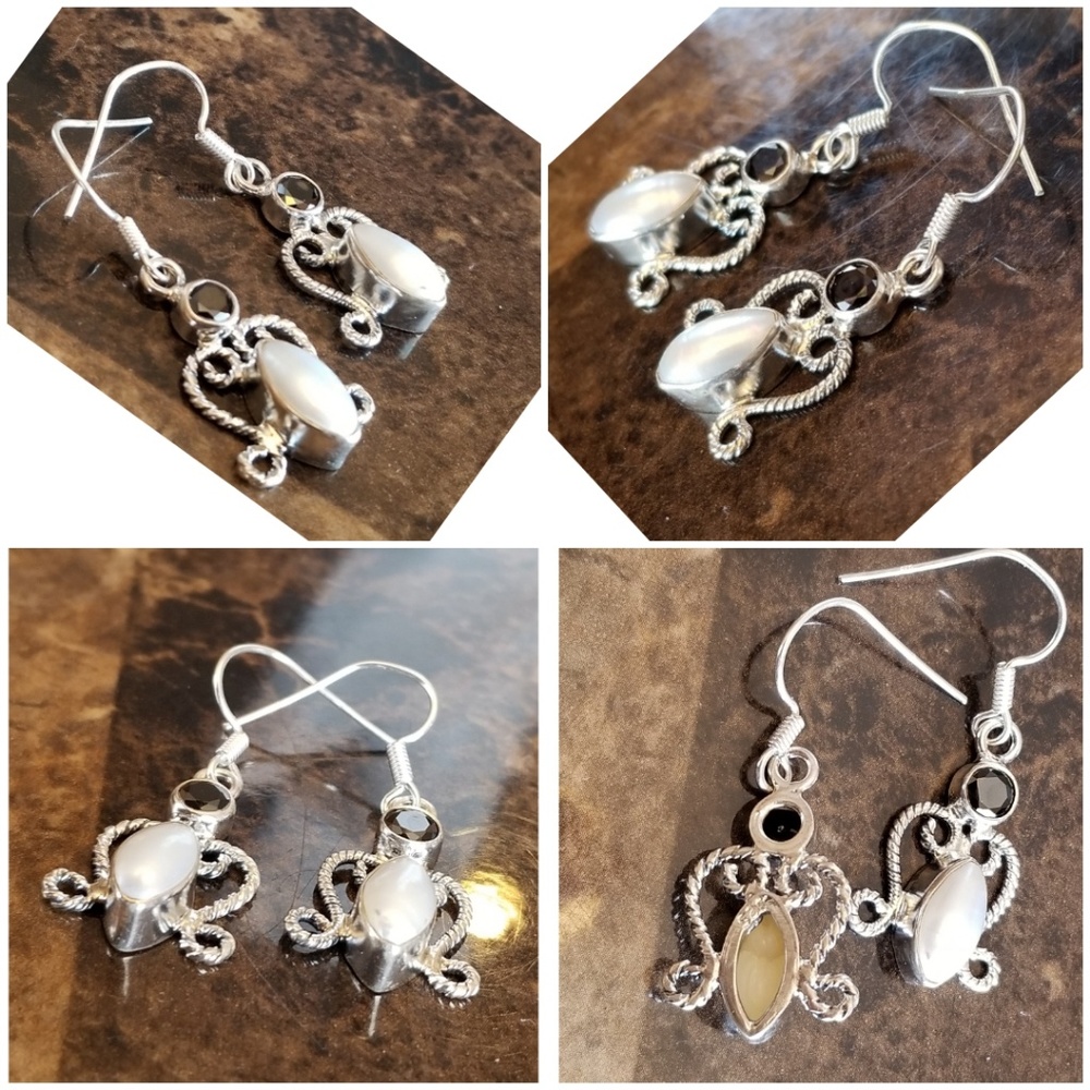 Genuine French Pearl & Black Tourmaline Earrings - Picture 3 of 4